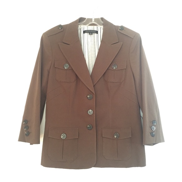 Anne Klein Brown military safari utility blazer suit jacket 3/4 length sleeves